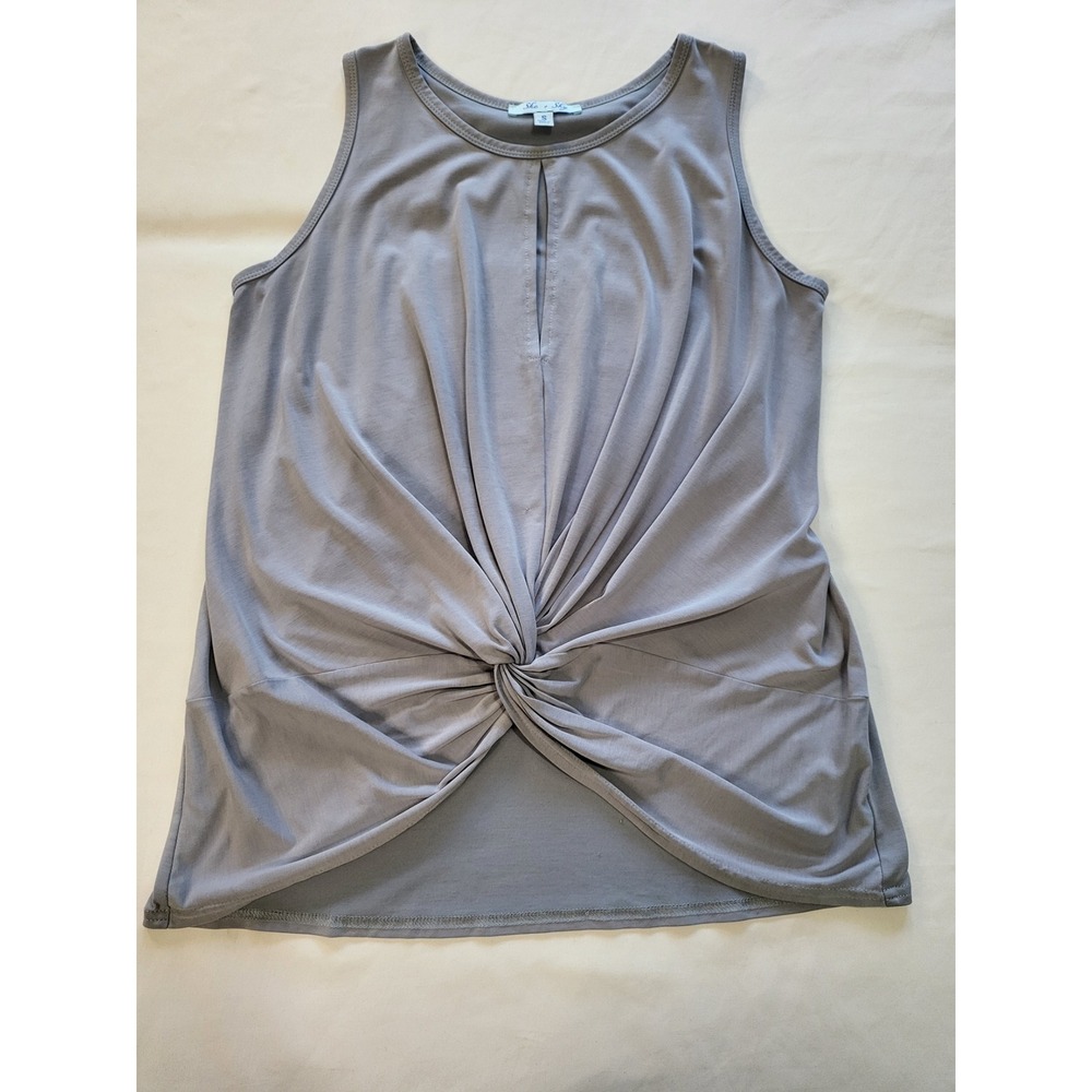 She + Sky Grey Twist Front Keyhole Tank Top Sleeveless Cotton Modal SL4992 Small